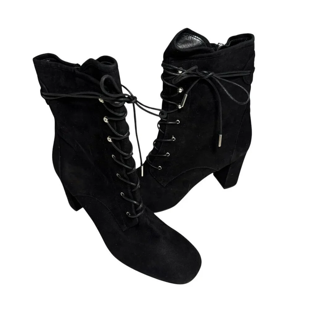 $600‎ Longchamp Black Suede Lace Up Boots Sz 41 9.5 NEW